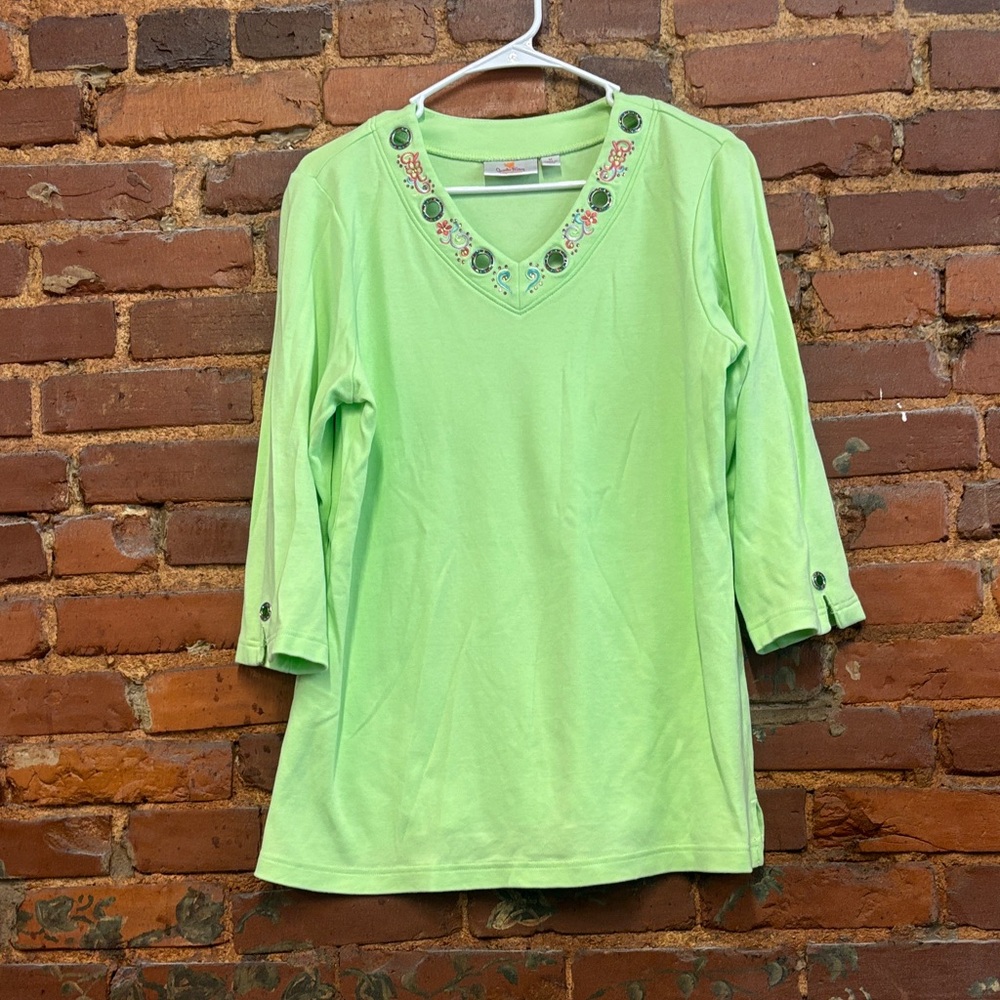 The Quacker Factory Embroidered Gem Detailed Green Women's Tunic Top Size medium